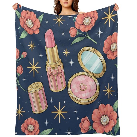RKSupls Girly Makeup Lipstick Compact Pattern Soft Flannel Throw Blanket, Lightweight Fuzzy Warm Cozy Blanket for Couch Bed Home Travel Decor