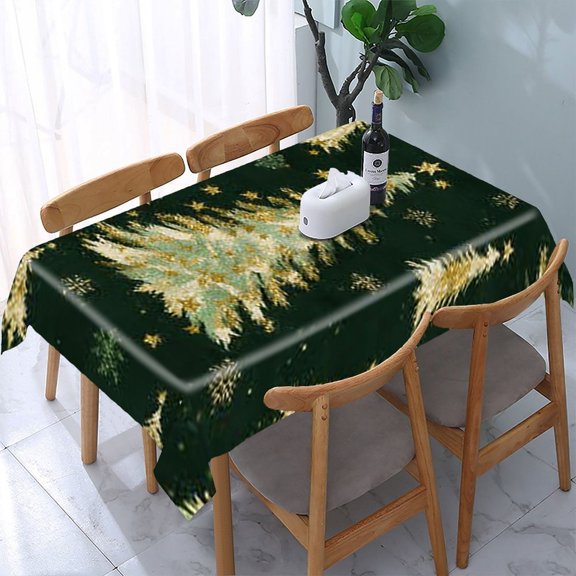 RKSupls Gold Christmas Tree Dark Rectangle Dining Tablecloth, Washable Wipeable Stain & Wrinkle Resistant Polyester Tablecloth for Kitchen Picnic Party