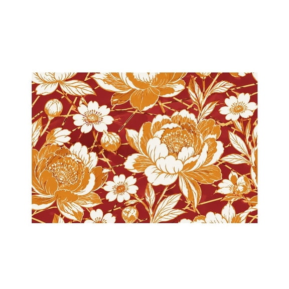 RKSupls Gold Peony Red Pattern Linen Placemats 30x45cm Straight Edge Stain Resistant Washable Non-Slip Table Mats Table for Kitchen Dining Room Home