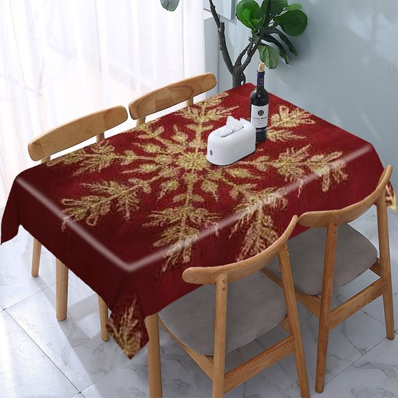 RKSupls Gold Snowflake Red Pattern Rectangle Dining Tablecloth, Washable Wipeable Stain & Wrinkle Resistant Polyester Tablecloth for Kitchen Picnic Party