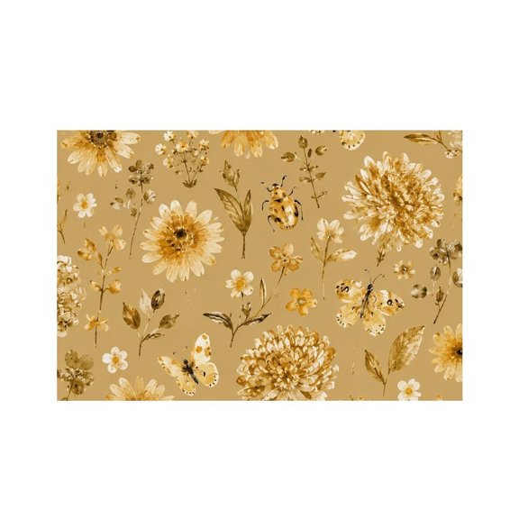 RKSupls Golden Garden Floral Repeat Linen Placemats 30x45cm Straight Edge Stain Resistant Washable Non-Slip Table Mats Table for Kitchen Dining Room Home