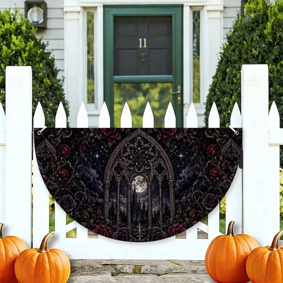 RKSupls Gothic Cathedral Window Moonlit Roses Half Round Banner for Porch Fence Railing, Soccer Party Outdoor Hanging Decoration for Home Patio