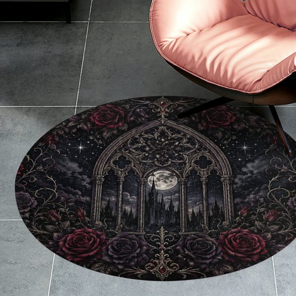 RKSupls Gothic Cathedral Window Moonlit Roses  Round Flannel Floor Mat, Round Flannel Floor Mat, Soft Non-Slip Washable Rug  suitable for Living Room Bedroom Nursery, Decorative Floor Rug