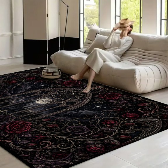 RKSupls Gothic Cathedral Window Moonlit Roses Soft Fluffy Velvet Area Rug   for Living Room Bedroom, Non-Slip Washable Carpet, Modern Minimalist Home Decor Floor Mat