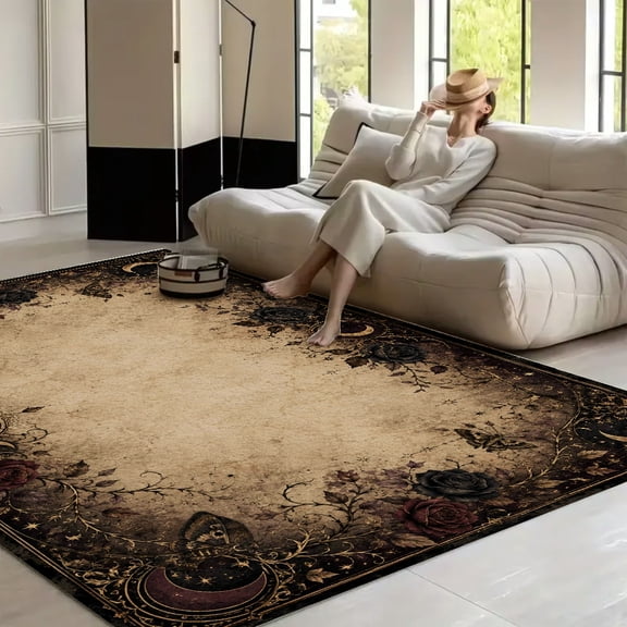 RKSupls 4x3ft Gothic Celestial Floral Moths Soft Fluffy Velvet Area Rug for Living Room Bedroom, Non-Slip Washable Carpet, Chic Minimalist Home Decor