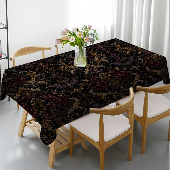 RKSupls Gothic Damask Floral Bats Motifs Rectangle Tablecloth, Kitchen Accessories - Holiday-Themed Design Rectangle Tablecloth, Ideal for Kitchen Picnic Party