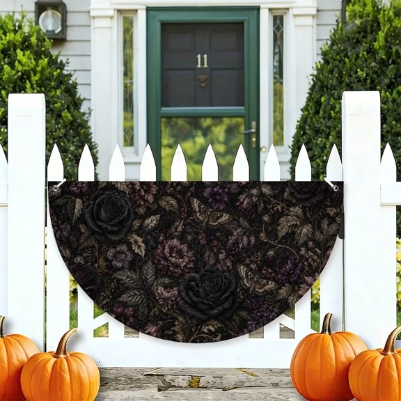 RKSupls Gothic Floral Moths Dark Botanical Half Round Banner for Porch Fence Railing, Soccer Party Outdoor Hanging Decoration for Home Patio