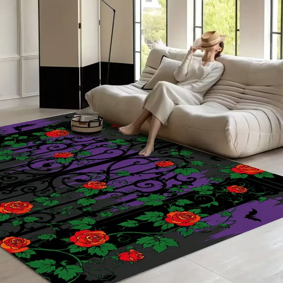 RKSupls Gothic Gate Roses Bats  Soft Fluffy Velvet Area Rug   for Living Room Bedroom, Non-Slip Washable Carpet, Modern Minimalist Home Decor Floor Mat
