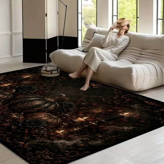 RKSupls Gothic Halloween Ornate Pumpkins Soft Fluffy Velvet Area Rug for Living Room Bedroom, Non-Slip Washable Carpet, Modern Minimalist Home Decor Floor Mat