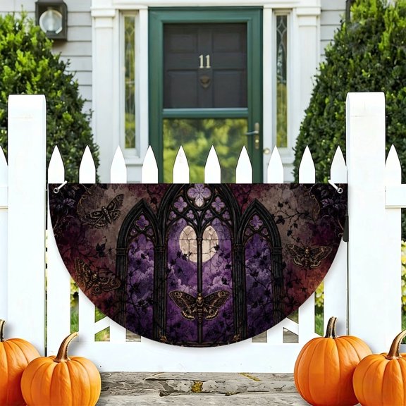 RKSupls Gothic Moonlit Window Moths Vines Half Round Banner for Porch Fence Railing, Soccer Party Outdoor Hanging Decoration for Home Patio
