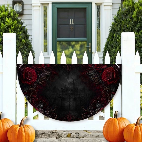 RKSupls Gothic Roses Horror Misty Mansion Half Round Banner for Porch Fence Railing, Soccer Party Outdoor Hanging Decoration for Home Patio
