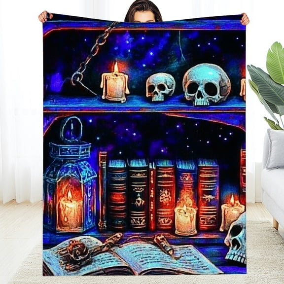 RKSupls Gothic Skull Bookshelf Occult Witchy Dark Academia Soft Flannel Throw Blanket, Lightweight Fuzzy Warm Cozy Blanket for Couch Bed Home Travel Decor