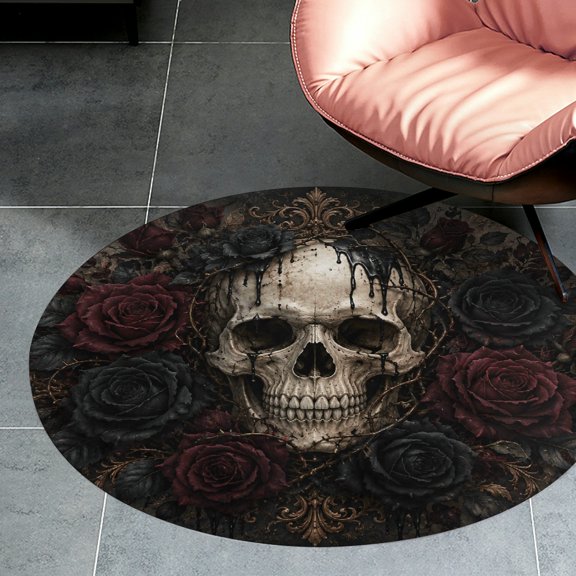 RKSupls Gothic Skull Thorn Roses Bouquet Round Flannel Floor Mat, Soft Non-Slip Washable Rug suitable for Living Room Bedroom Study, Decorative Floor Rug