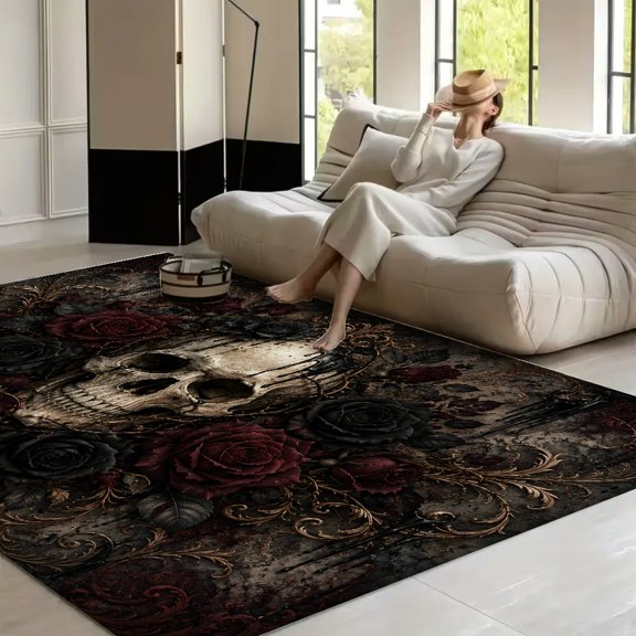 RKSupls Gothic Skull Thorn Roses Bouquet Soft Fluffy Velvet Area Rug for Living Room Bedroom, Non-Slip Washable Carpet, Modern Minimalist Home Decor Floor Mat
