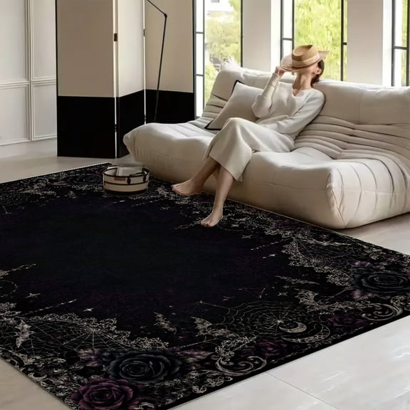 RKSupls Gothic Spiderweb Floral Bats Moonlight  Soft Fluffy Velvet Area Rug   for Living Room Bedroom, Non-Slip Washable Carpet, Modern Minimalist Home Decor Floor Mat