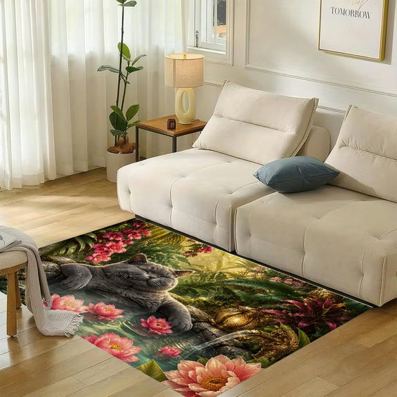 RKSupls Gray Cat Relaxing In Lotus Pond Soft Flannel Area Rug 71x47 Inch, Non-Slip Floor Mat for Living Room Bedroom, Warm Fuzzy Carpet for Winter Holiday Decor