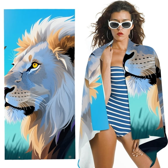 RKSupls Gray White Lion and Butterfly Oversized Microfiber Beach Towel - Ultra-Soft Microfiber, for Bathroom, beach