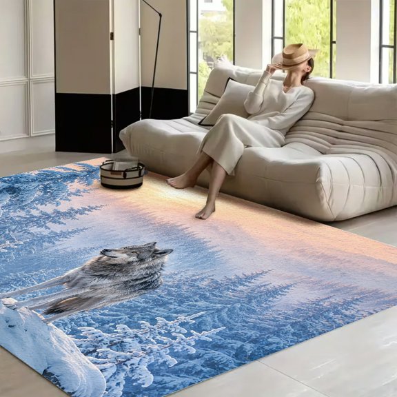RKSupls Gray Wolf Winter Mountain Forest Soft Fluffy Velvet Area Rug for Living Room Bedroom, Non-Slip Washable Carpet, Chic Minimalist Home Decor