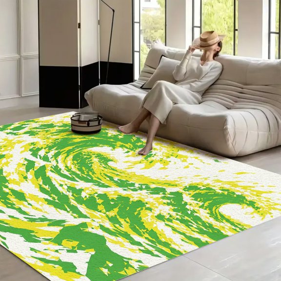 RKSupls Green Abstract Ocean Wave Pattern Soft Fluffy Velvet Area Rug for Living Room Bedroom, Non-Slip Washable Carpet, Chic Minimalist Home Decor