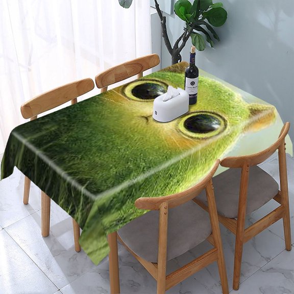 RKSupls Green Fluffy Cat Rectangle Dining Tablecloth, Washable Wipeable Stain & Wrinkle Resistant Polyester Tablecloth for Kitchen Picnic Party