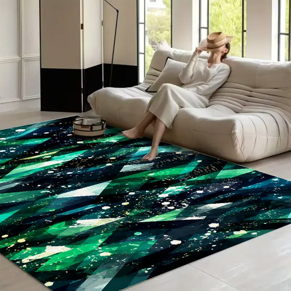 RKSupls Green Geometric Gold Light Abstract Soft Fluffy Velvet Area Rug for Living Room Bedroom, Non-Slip Washable Carpet, Chic Minimalist Home Decor