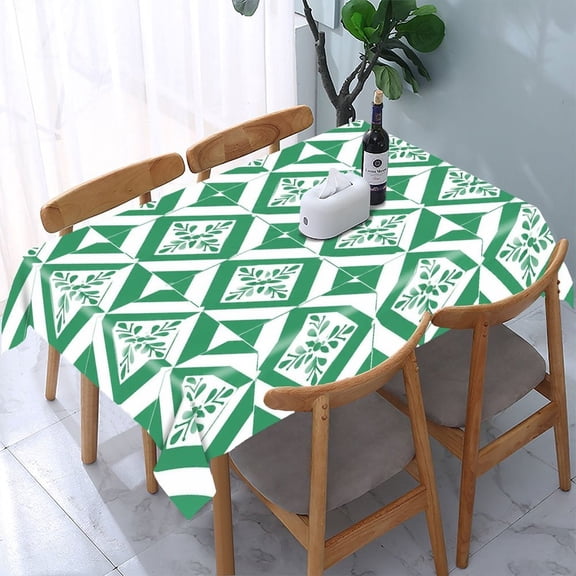 RKSupls Green Striped Flower Tiles Rectangle Dining Tablecloth, Washable Wipeable Stain & Wrinkle Resistant Polyester Tablecloth for Kitchen Picnic Party