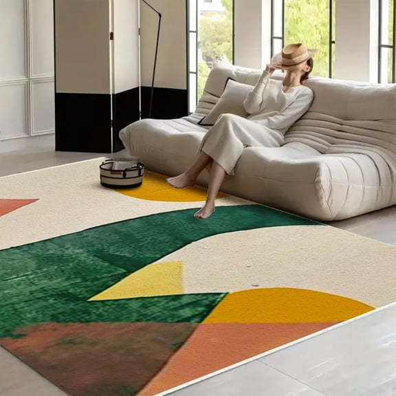 RKSupls Green Yellow Geometric Abstract Soft Fluffy Velvet Area Rug for Living Room Bedroom, Non-Slip Washable Carpet, Chic Minimalist Home Decor