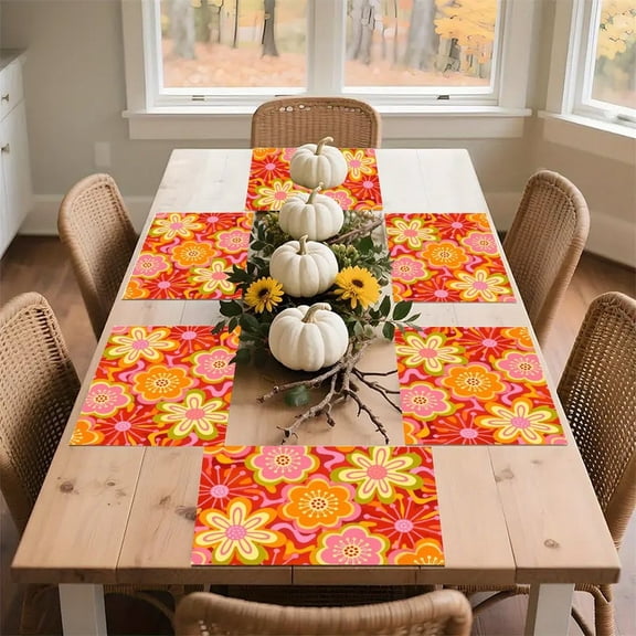 RKSupls Groovy Floral Red Background Pattern Linen Placemats 30x45cm Straight Edge Stain Resistant Washable Non-Slip Table Mats Table for Kitchen Dining Room Home