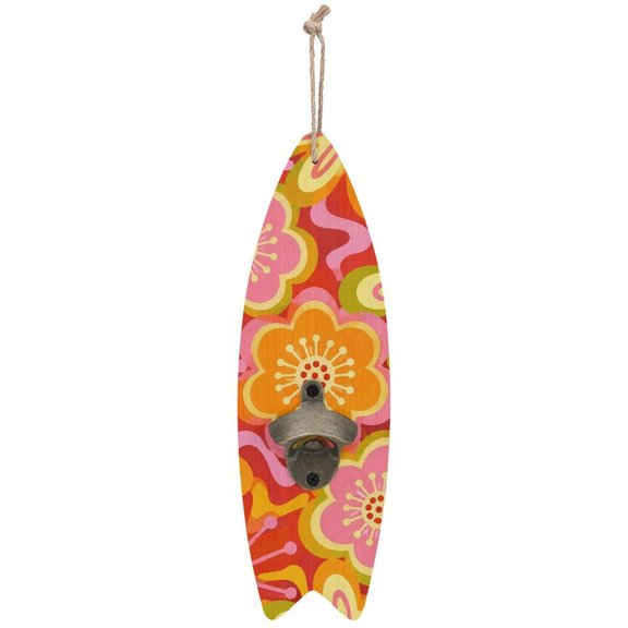 RKSupls Groovy Floral Red Background Pattern Wooden Wall Mounted Bottle Opener, MDF Hanging Beer Opener with Hemp Rope for Home Bar Farmhouse Decor