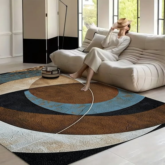 RKSupls Grunge Vintage Style Contemporary Circular Round Geometric Art Soft Fluffy Velvet Area Rug for Living Room Bedroom, Non-Slip Washable Carpet, Modern Minimalist Home Decor Floor Mat