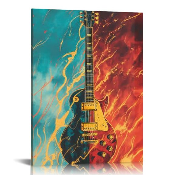 RKSupls Guitar in Fire and Lightning Canvas Wall Art, Canvas Prints Wall Art for Living Room Bedroom Stairway Office, Art Print Painting for New Year Home Decorations,12x16in