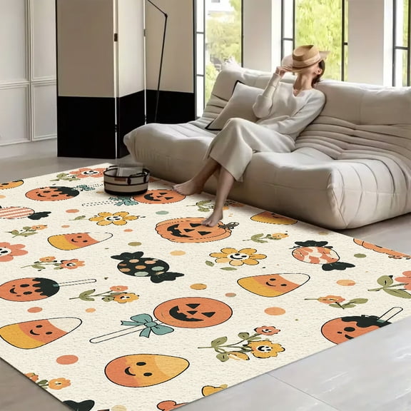 RKSupls 4x3ft Halloween Candy Pumpkin Pattern Repeat Soft Fluffy Velvet Area Rug for Living Room Bedroom, Non-Slip Washable Carpet, Chic Minimalist Home Decor