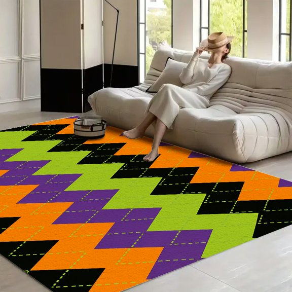 RKSupls Halloween Chevron Green Orange Purple Soft Fluffy Velvet Area Rug for Living Room Bedroom, Non-Slip Washable Carpet, Modern Minimalist Home Decor Floor Mat