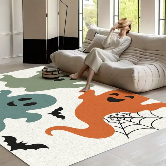 RKSupls 4x3ft Halloween Ghost Bat Spiderweb Soft Fluffy Velvet Area Rug for Living Room Bedroom, Non-Slip Washable Carpet, Chic Minimalist Home Decor