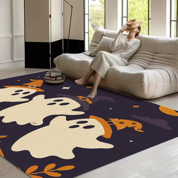 RKSupls Halloween Ghosts Witch Hats Night Soft Fluffy Velvet Area Rug for Living Room Bedroom, Non-Slip Washable Carpet, Modern Minimalist Home Decor Floor Mat