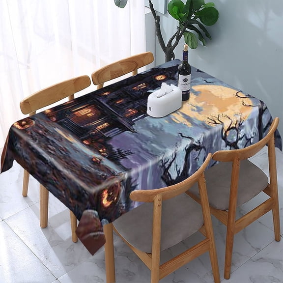 RKSupls Halloween Haunted House Rectangle Dining Tablecloth, Washable Wipeable Stain & Wrinkle Resistant Polyester Tablecloth for Kitchen Picnic Party