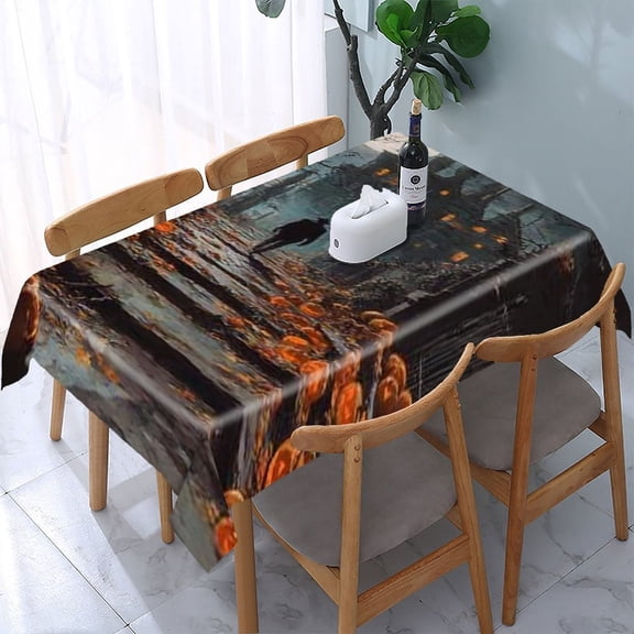 RKSupls Halloween House Rectangle Dining Tablecloth, Washable Wipeable Stain & Wrinkle Resistant Polyester Tablecloth for Kitchen Picnic Party