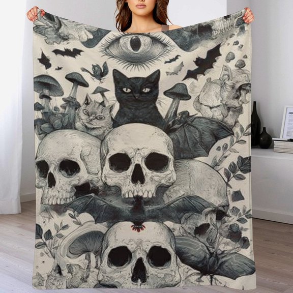 RKSupls Halloween Throw Blanket,Soft Flannel Skull Cat Bat Blanket, Fuzzy Warm Cozy Winter Blanket for Couch Bed Home Decor,40x50 in
