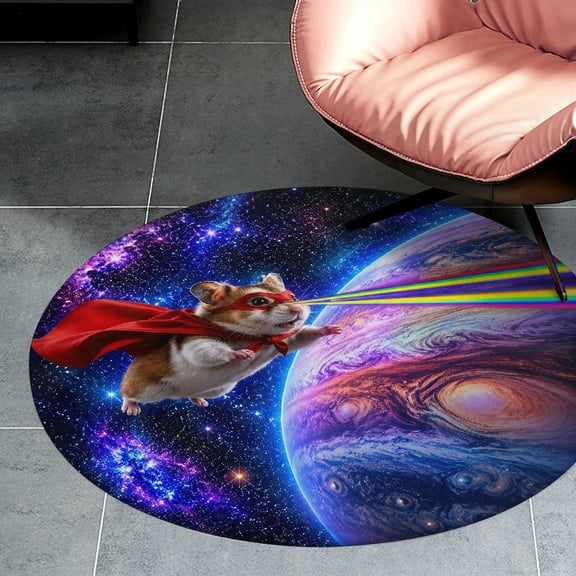 RKSupls Hamster Superhero With Rainbow Vision Near Jupiter   Round Flannel Floor Mat, Soft Non-Slip Washable Rug  suitable for Living Room Bedroom Study, Decorative Floor Rug