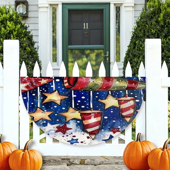 RKSupls Hanging Firecrackers And Stars on Blue Background Patriotic Half Round American Flag Banner 1776-2026, USA Independence Day Fence Porch Hanging Decor