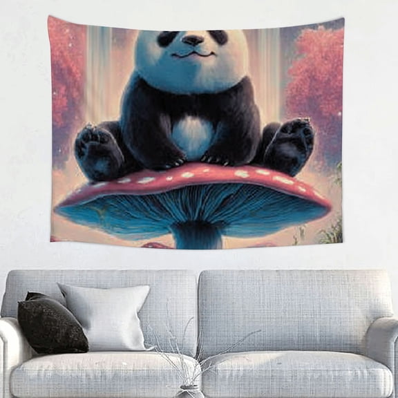 RKSupls Hanging Tapestry Wall Art, Fantasy Panda Mushroom Tapestry Backdrop Decoration for Saint Valentine's Day Bedroom, Living Room, Dorm, Apartment Home Decor,40*30in