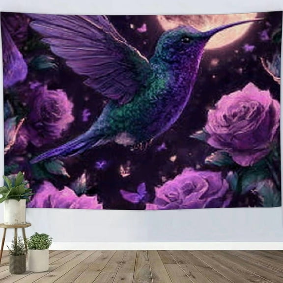 RKSupls Hanging Tapestry Wall Art, Purple Hummingbird Tapestry Backdrop Decoration for Saint Valentine's Day Bedroom, Living Room, Dorm, Apartment Home Decor,80*60in