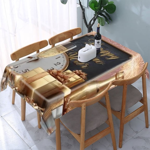 RKSupls Happy New Year Champagne Rectangle Dining Tablecloth, Washable Wipeable Stain & Wrinkle Resistant Polyester Tablecloth for Kitchen Picnic Party