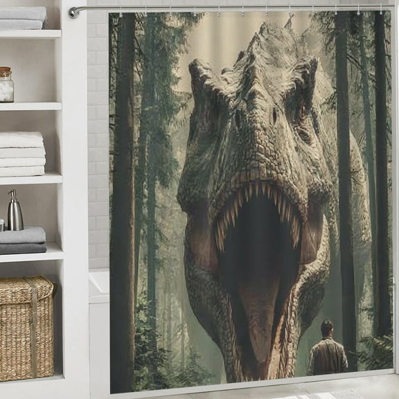 RKSupls Happy New Year Shower Curtain, Forest Dinosaur Shower Curtain with Hooks for Christmas Home Bathroom Decor Washable Curtains, 72x72 in