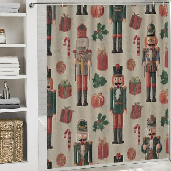 RKSupls Happy New Year Shower Curtain, Nutcracker Soldier Vintage Pattern Shower Curtain with Hooks for Home Bathtub Bathroom Decor Washable Curtains, 72x72 in
