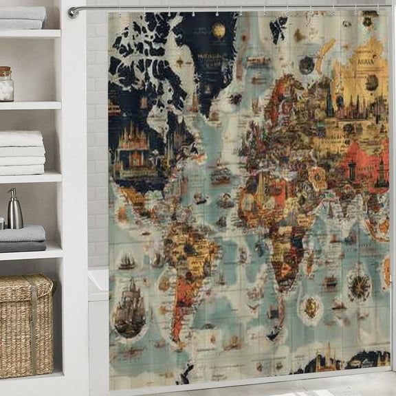 RKSupls Happy New Year Shower Curtain, World Map Shower Curtain with Hooks for Christmas Home Bathroom Decor Washable Curtains, 72x72 in