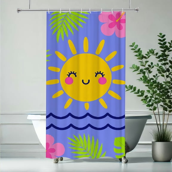 RKSupls Happy Sun Hibiscus Wave Tropical Pattern Waterproof Shower Curtain Polyester Shower Curtain with Hooks for Chic Elegant Home Bathtub Bathroom Decor Washable