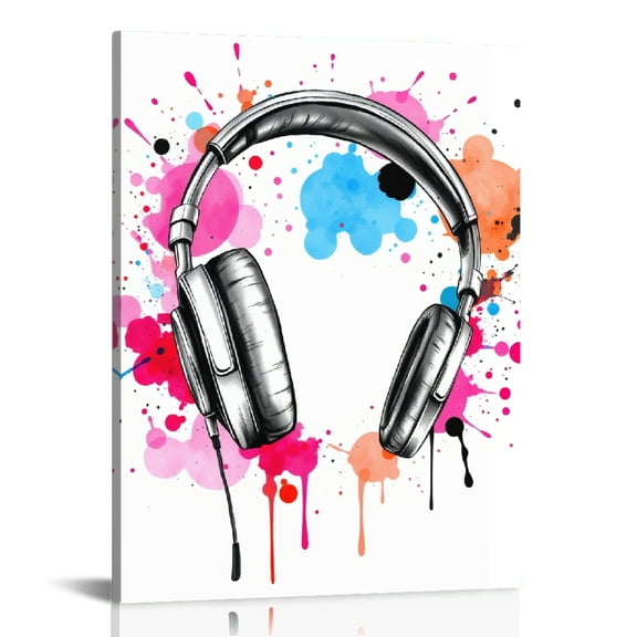 RKSupls Headphones Colorful Paint Splatter Canvas Wall Art, Canvas Prints Wall Art for Living Room Bedroom Entryway Office, Art Print Painting for Home Decor,12x16in