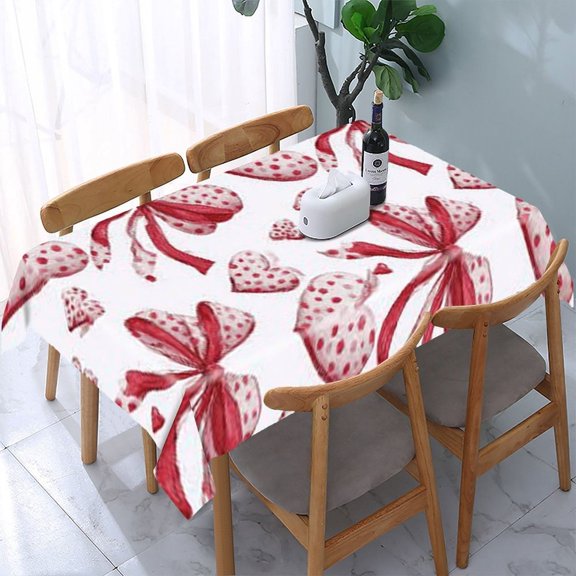 RKSupls Hearts Bows Red Pattern Rectangle Dining Tablecloth, Washable Wipeable Stain & Wrinkle Resistant Polyester Tablecloth for Kitchen Picnic Party
