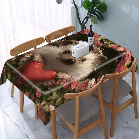 RKSupls Hedgehog Heart Roses Rectangle Dining Tablecloth, Washable Wipeable Stain & Wrinkle Resistant Polyester Tablecloth for Kitchen Picnic Party